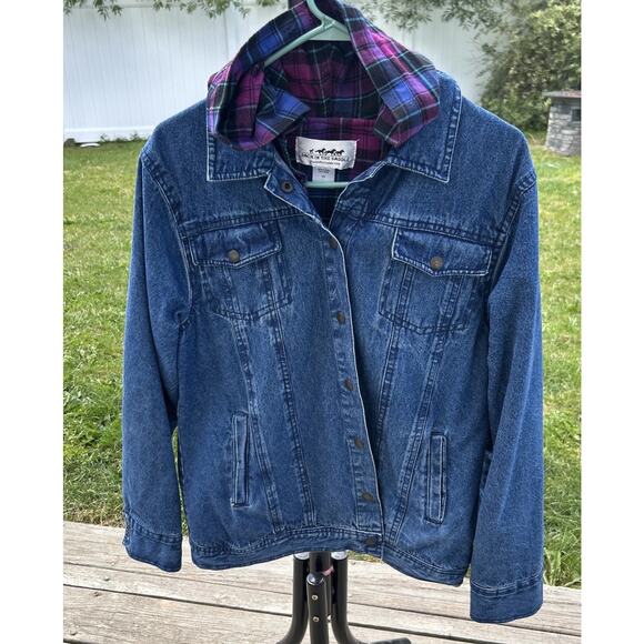 Back In The Saddle Jean Plaid Hoodie Large Blue Denim Western Grunge 80’s Look - Picture 1 of 7